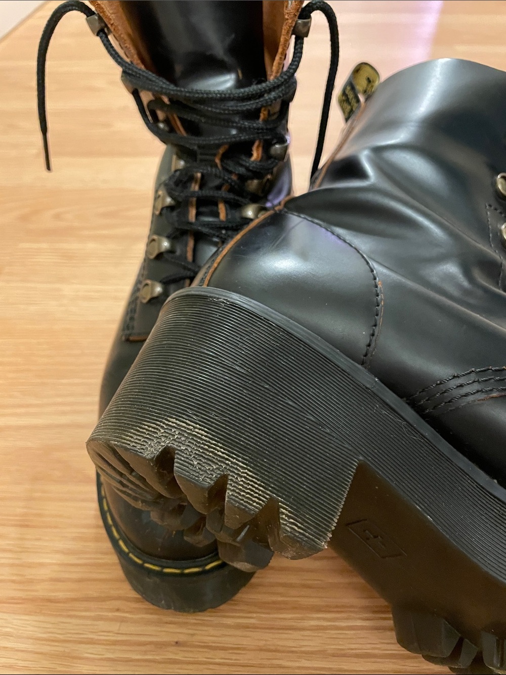 Dr. Martens Black Leather Lace-Up Lug Boots with Yellow Stitching - Picture 5 of 9